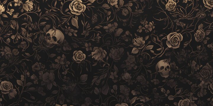 Seamless floral pattern with skull illustration wallpaper