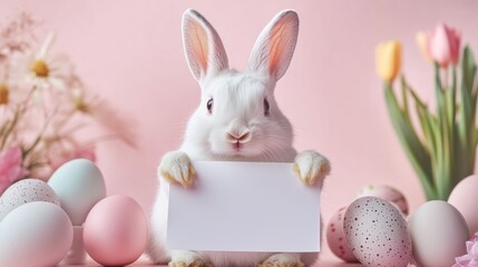 Sweet White Rabbit Holding Blank Sheet of Paper in Spring Setting
