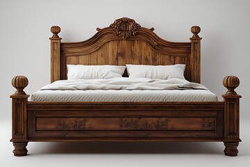 Elegant antique-style wooden bed with white linen bedding.