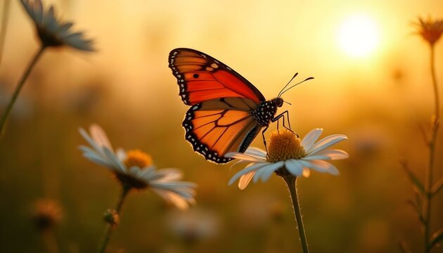 A orange butterfly is perched on a dasy flower in a spring meadow, embodying the spirit of nature's renewal