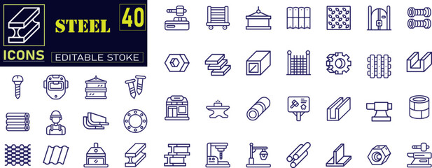 Set of outline icons related to steel. Linear icon collection.