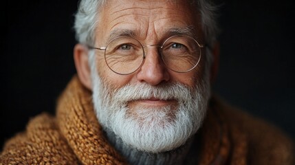 An elderly man with a white beard and glasses is smiling cheerfully while sitting indoors. It appears to be evening, and his expression radiates warmth and kindness.