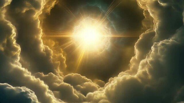 Fast forward motion through dramatic clouds towards bright divine light. Tunnel-like effect with dynamic movement. Spiritual journey