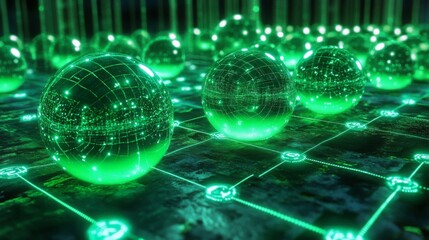 Obraz premium Illuminated sphere matrix on interconnected node network reflecting bright green light
