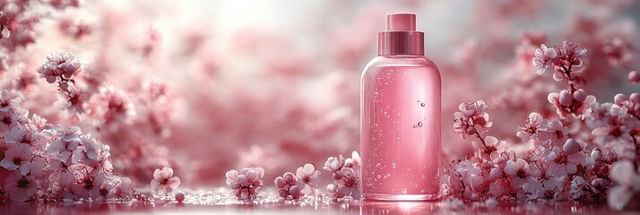Elegant graphic layout for advertising floral-themed cosmetic products in soft pink hues