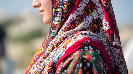 A woman wearing a traditional Palestinian thobe, symbolizing Palestinian identity, pride, and cultural heritage with intricate designs.