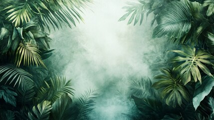 Aesthetic watercolor frame with lush green tropical leaves and copy space on a soft light background, perfect for a foliage-themed template.