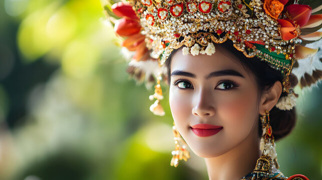 A woman wearing a traditional Thai chada headdress, symbolizing Thai cultural pride and spiritual identity with detailed craftsmanship.