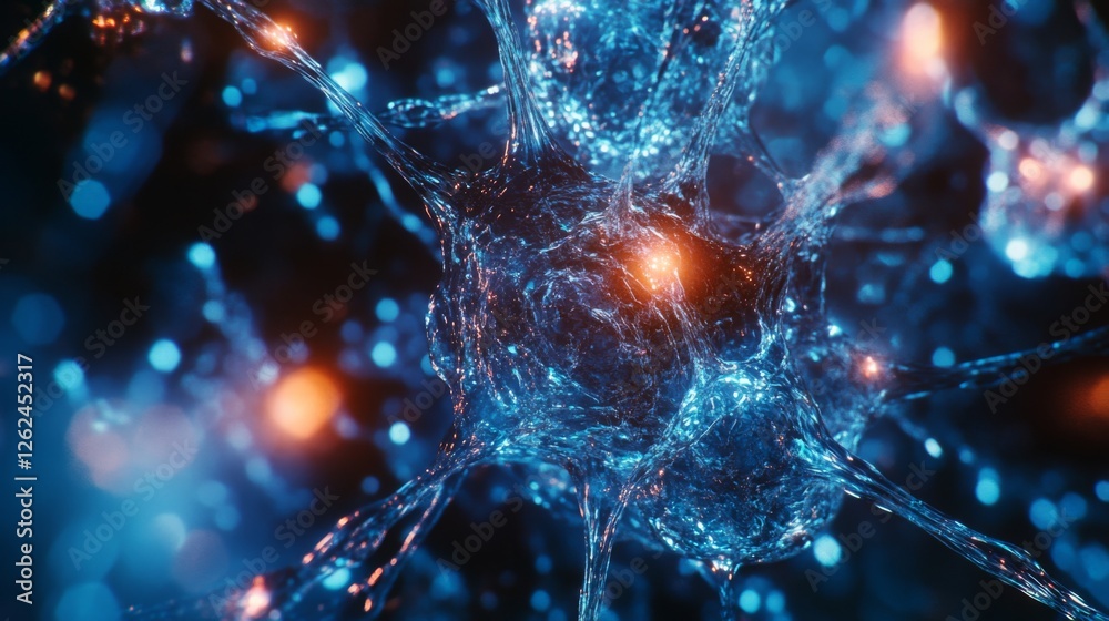 Poster intricate network visualization with neural connections, glowing light, and complex structures