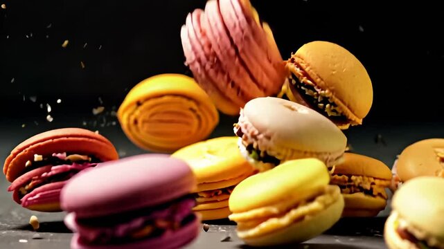 A delicious, golden macaroon suspended mid-air, showcasing its unique texture.