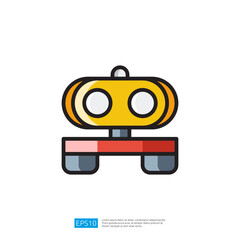 A simple, cartoon-style robot with a yellow body and large white eyes, mounted on a red base with wheels. It represents technology and innovation in a playful manner. Artificial Intelligence Icon