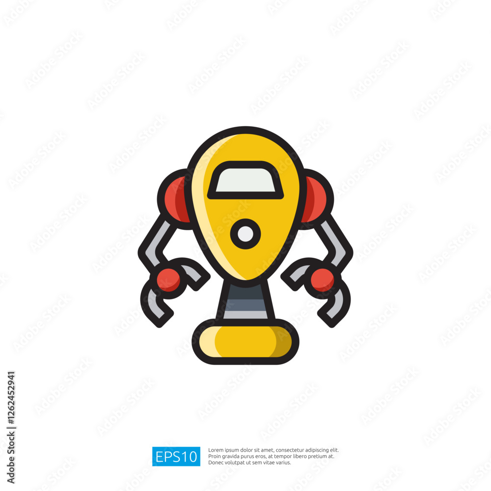 Poster a colorful robot with claw-like arms, designed for interaction or assistance, possibly representing 