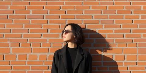 Naklejka premium A woman wearing sunglasses and a black coat stands in front of a brick wall. She looks up at the sky, possibly admiring the view or contemplating something. Concept of solitude and introspection