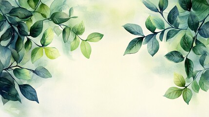 Elegant watercolor frame featuring vibrant green tropical leaves, with ample copy space and a light, serene background for a foliage-inspired design.