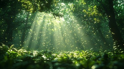 Obraz premium Magical Forest Sunbeams & Fireflies