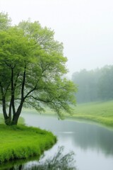 Fototapeta premium A tree is growing by a river. The water is calm and the sky is cloudy. The scene is peaceful and serene
