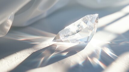 A close-up of a single white crystal placed gently on a white surface, with soft light reflecting off its smooth edges.