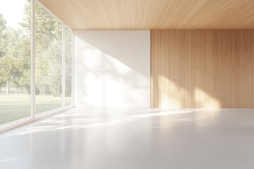 Obraz premium Empty modern wooden interior with garden view