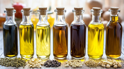 Natural oil made of sunflower seeds, olive and corn, peanuts and rapeseed, linseed. Vector types of extra virgin oils used in cosmetics, pharmaceuticals and soaps, for frying food and dressing salads.