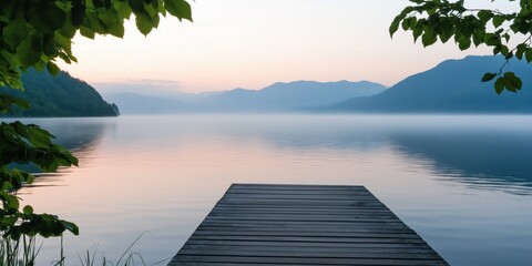 A dock is on the edge of a lake with a beautiful sunset in the background. The water is calm and the sky is a mix of orange and pink hues. The scene is serene and peaceful