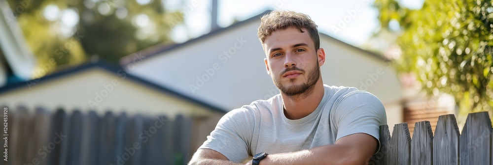 Wall mural A man with a beard and a grey shirt is sitting on a fence. He looks at the camera with a serious expression