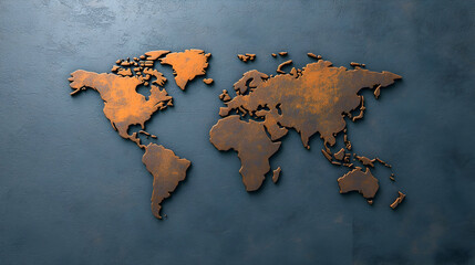 Rusted metal world map on textured background; global connection concept