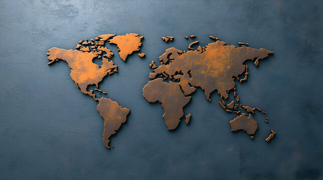 Rusted metal world map on textured background; global connection concept