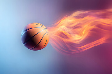 Obraz premium dynamic mid-air shot basketball spinning with motion blur effect, captured under vibrant studio lighting, perfect for showcasing high-speed action and athletic performance in sports.
