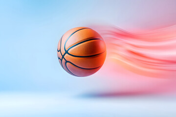 Fototapeta premium dynamic mid-air shot basketball spinning with motion blur effect, captured under vibrant studio lighting, perfect for showcasing high-speed action and athletic performance in sports.