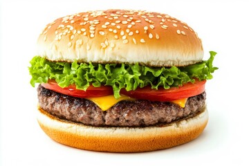 Cheeseburger on white background with lettuce and tomato. AI generated