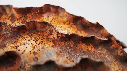 Fototapeta premium A close-up of rusted metal with detailed textures, showing the intricate layers of oxidation, against a white background.