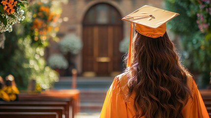 Rear view of college teenage girl in graduation gown and cap on graduation day, congratulations on diploma. Students at Graduation ceremony