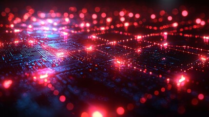 Obraz premium Futuristic Circuit Board, Red & Blue Neon Lights