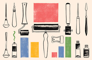 Linocut relief block printing carving tools illustrations set. Rectangle textured lino textures, text boxes. Ink brush hand drawn rubber paint rollers brayers cutters. Poster tutorial ad template.