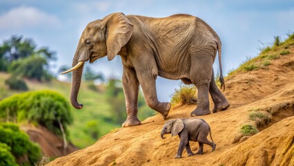 Fototapeta premium Majestic Adult Elephant Walking Next to Playful Baby Elephant