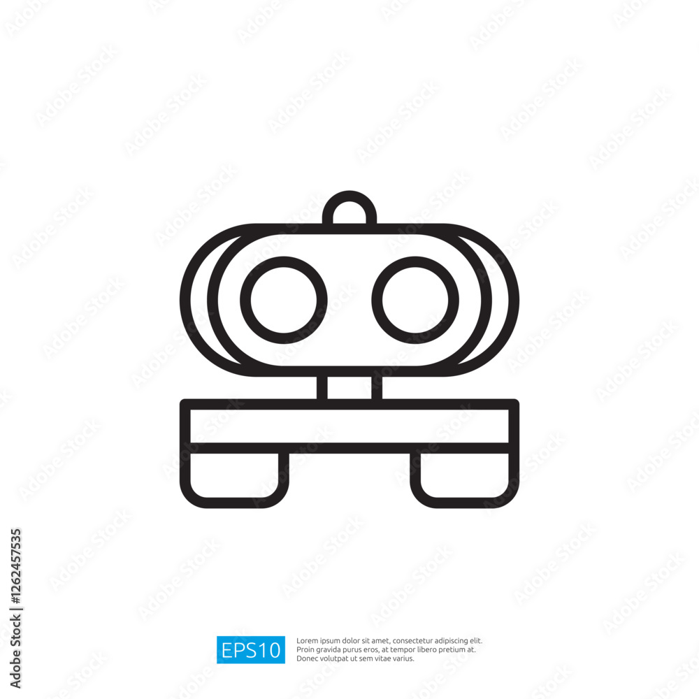 Poster a minimalist line drawing of a robot with two circular eyes and a rectangular base, representing tec