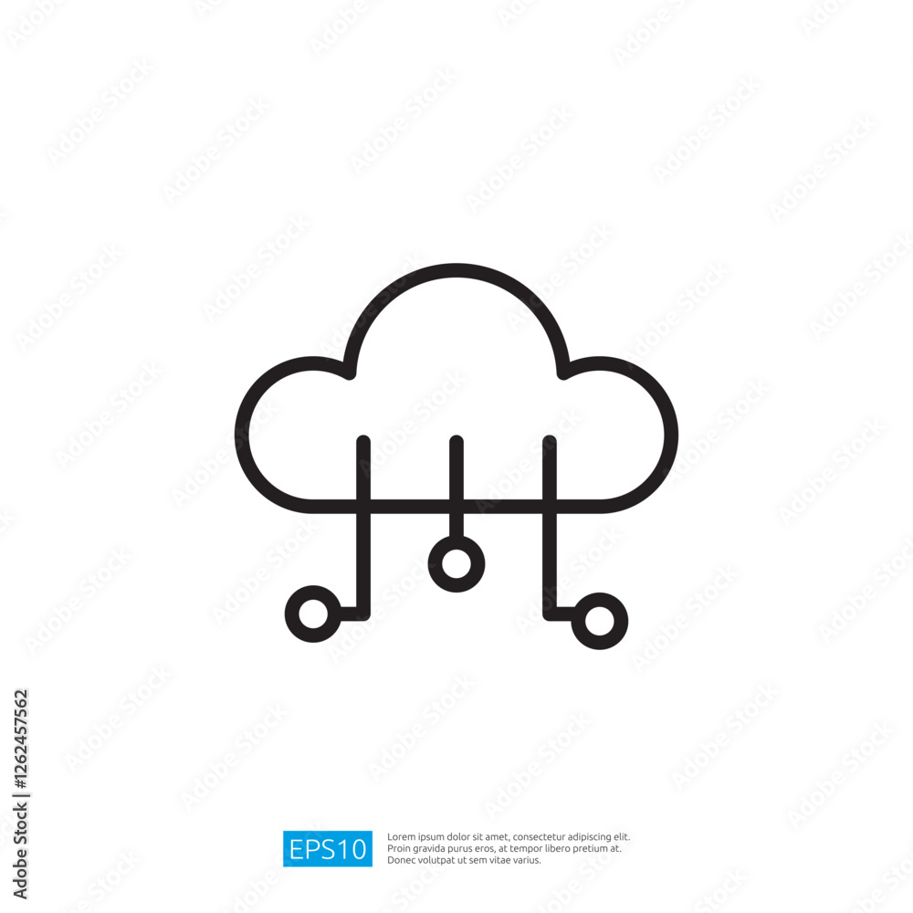 Poster a minimalist cloud icon with lines and circles, symbolizing data transfer or connectivity in a digit