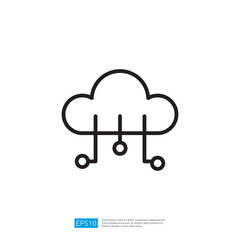 A minimalist cloud icon with lines and circles, symbolizing data transfer or connectivity in a digital context.