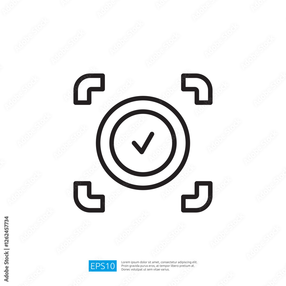 Poster this image features a simple line drawing of a circular icon with a checkmark inside, framed by four
