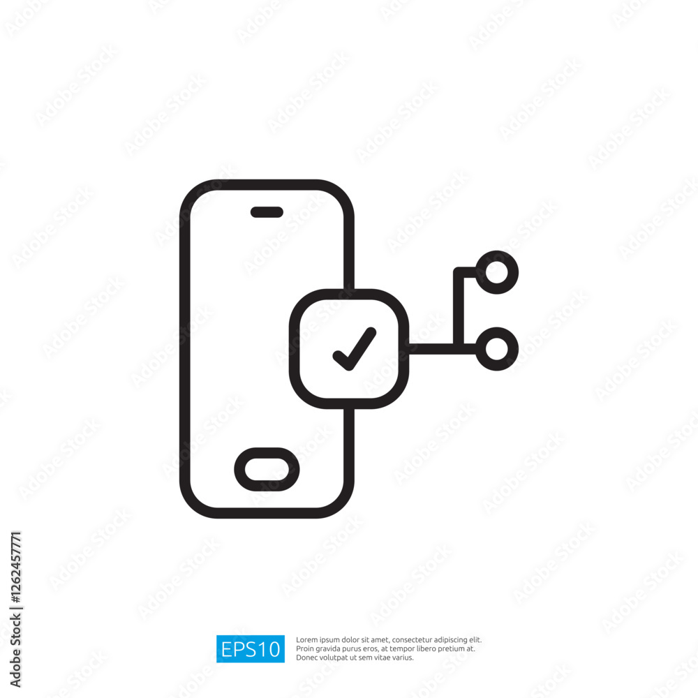 Poster a simple line drawing of a smartphone with a checkmark symbol, indicating successful connection or v