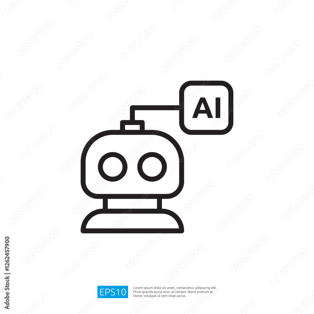 Poster a simple line drawing of a robot with two eyes and a speech bubble indicating ai symbolizing artific
