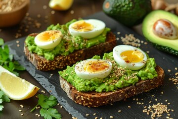 Avocado toast with eggs on slate board. AI generated