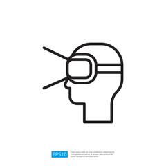 An outline of a head wearing virtual reality goggles, with lines indicating a visual experience.