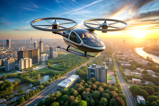 Autonomous Drone Taxi Flying Over City, Urban Air Mobility Concept