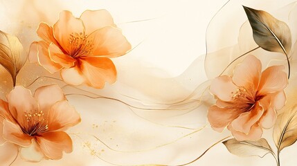 Abstract vector background featuring golden line art flower, botanical leaves, and organic shapes in watercolor, perfect for luxury banners, posters, and packaging.