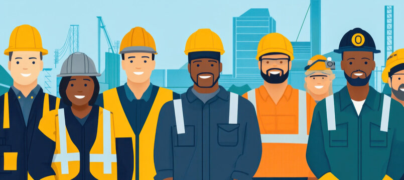 Four men in hard hats and yellow vests standing together