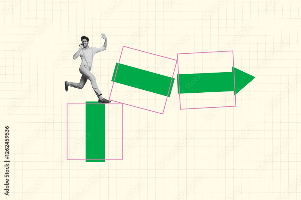 Poster poster image composite photo collage of happy businessman run arrow pointer success development tele
