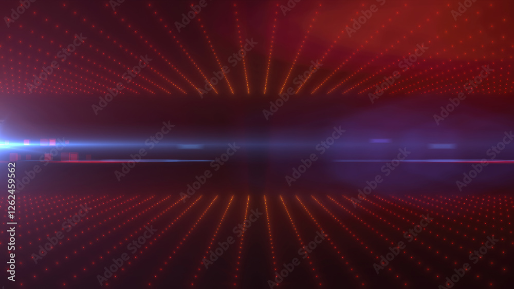 Poster abstract futuristic grid with red glowing points and golden light source, depicting digital technolo
