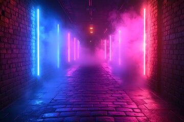 Neon-lit Brick Alleyway Tunnel, a Futuristic, Mystical Scene