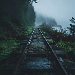 Fototapeta premium An abandoned train track disappearing into the fog, creating a haunting atmosphere.